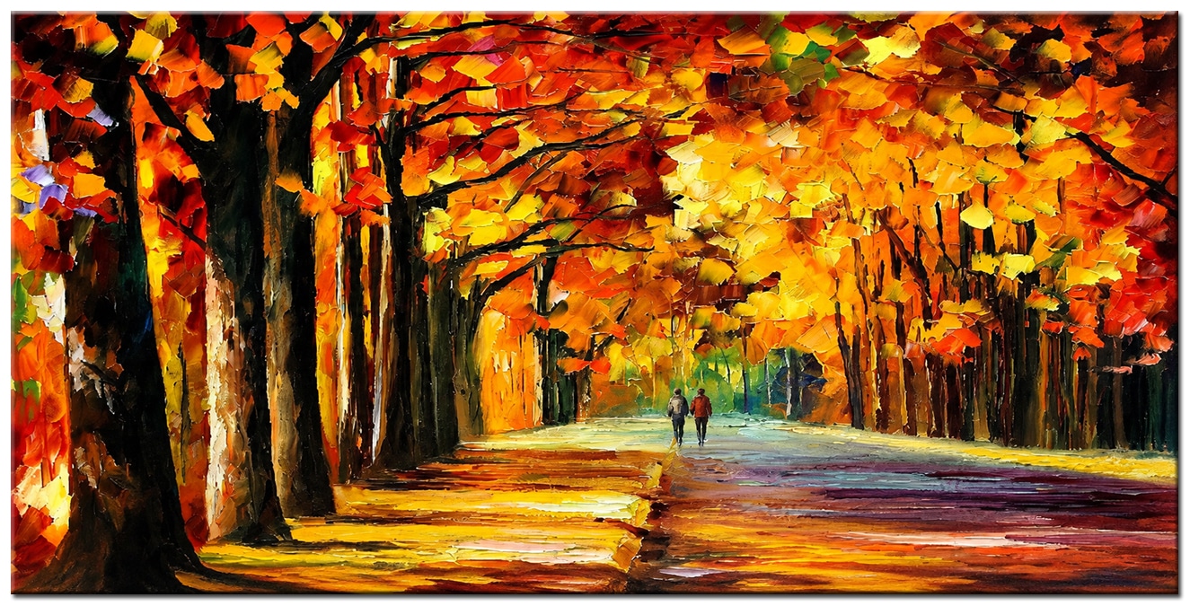 Schilderij Gouden Herfstlaan – twee wandelaars op een laan tussen oranje en gele herfstbomen