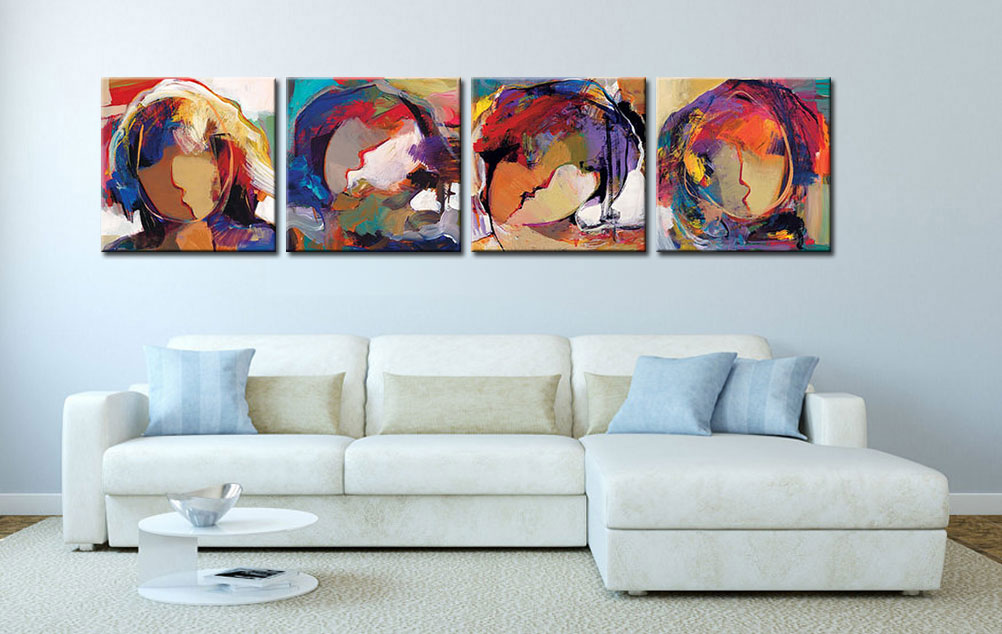 Vierluik Abstracte Gezichten modern schilderij - Afbeelding 2