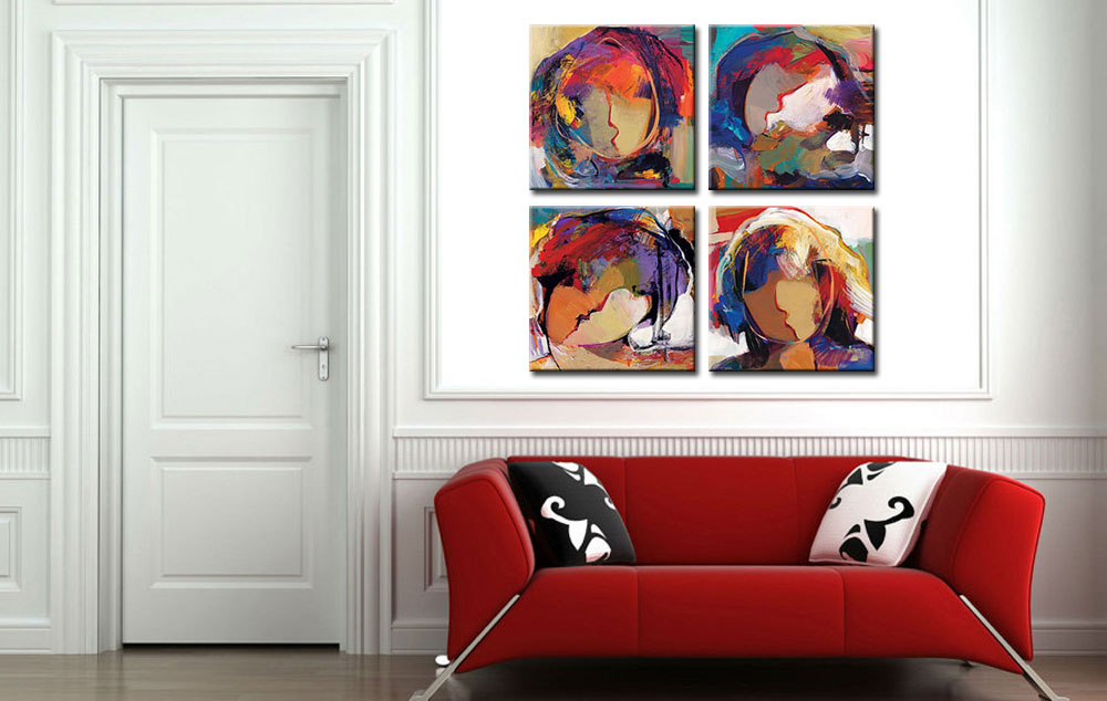 Vierluik Abstracte Gezichten modern schilderij - Afbeelding 3