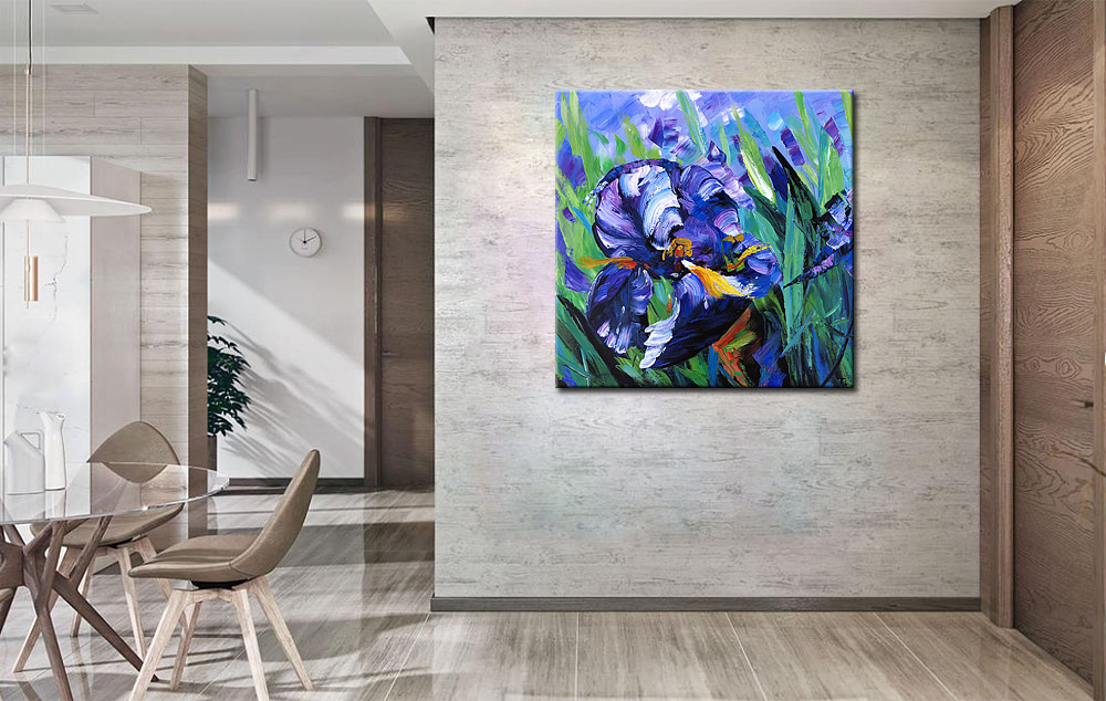 Bloemen schilderij Paarse Iris Abstract 100x100cm - Afbeelding 4