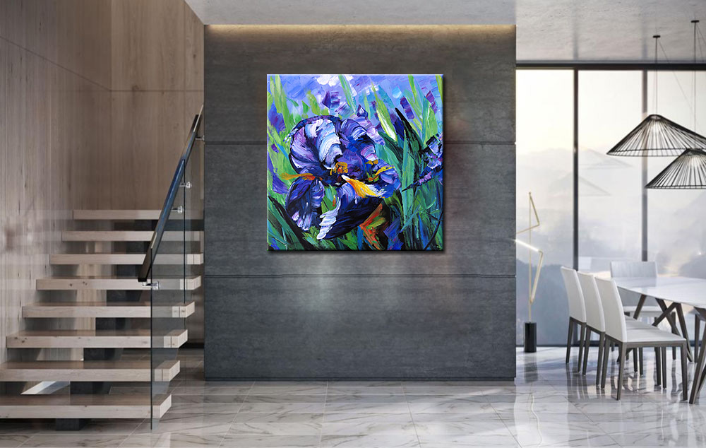 Bloemen schilderij Paarse Iris Abstract 100x100cm - Afbeelding 3