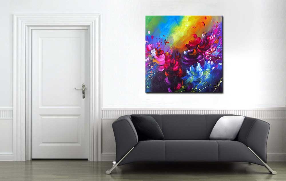 Bloemen schilderij Kleurrijke Bloemen 100x100cm - Afbeelding 3