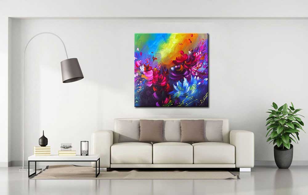 Bloemen schilderij Kleurrijke Bloemen 100x100cm - Afbeelding 2