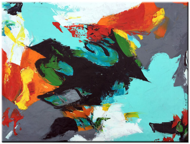 Abstract schilderij Birds kleurrijk handgeschilderd olieverf schilderij met vogels in turquoise rood zwart en geel