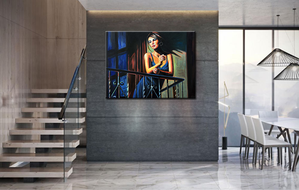 Dame op Balkon schilderij 120x90cm - Afbeelding 4