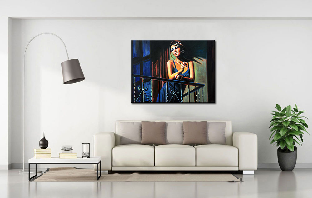 Dame op Balkon schilderij 120x90cm - Afbeelding 3