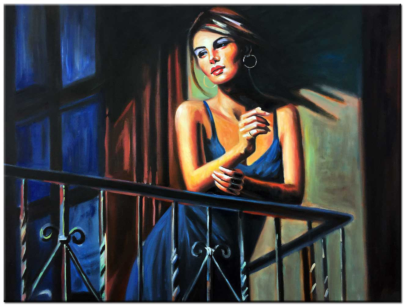 Dame op Balkon schilderij 120x90cm