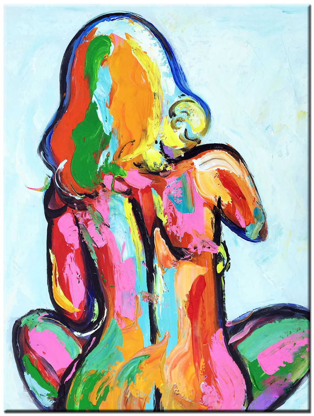 Zittende Vrouw kleurrijk schilderij 90x120cm