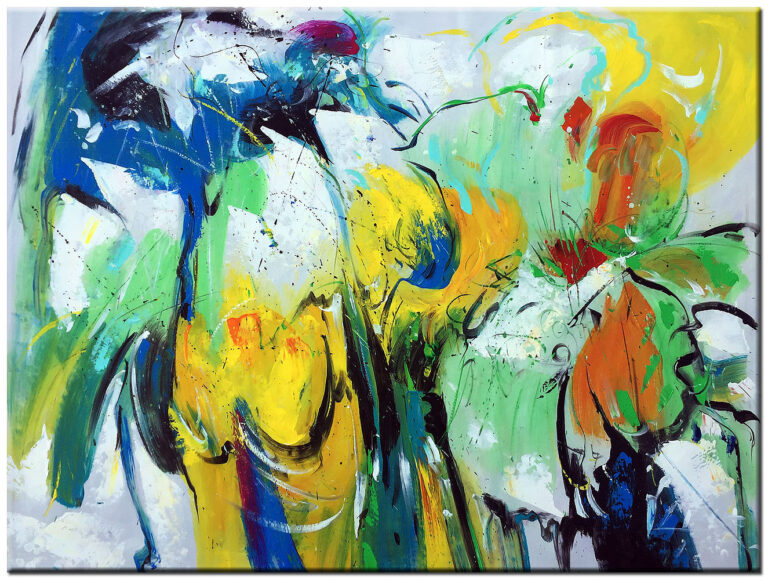 Abstract schilderij Bloemenzee kleurrijk handgeschilderd olieverf schilderij bloemen groen geel blauw wit