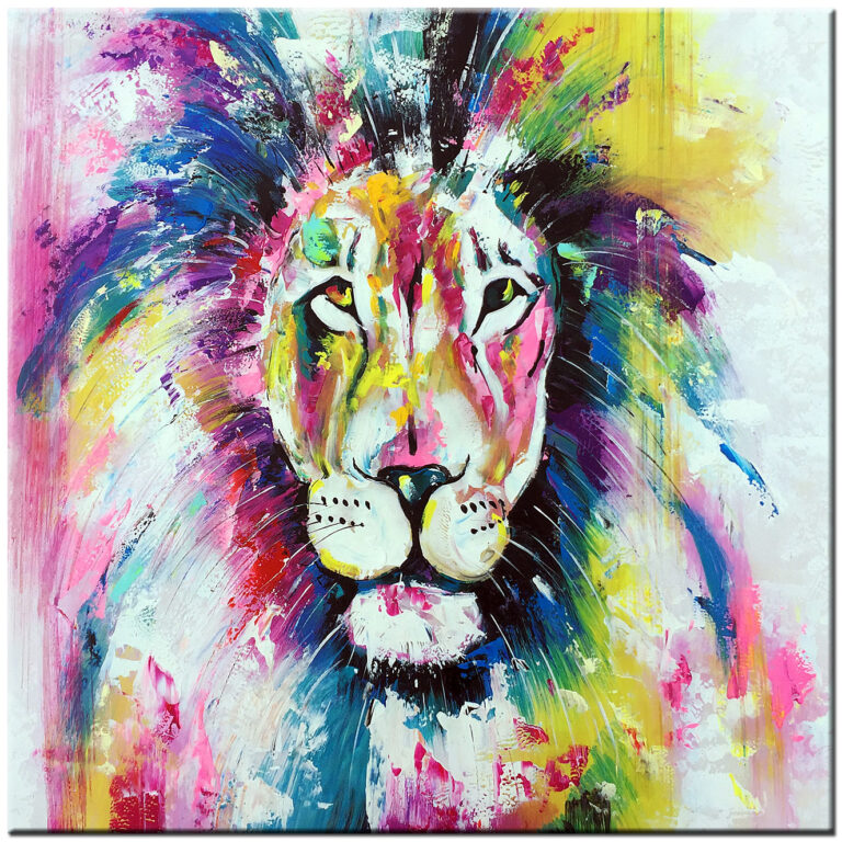 Modern schilderij Leeuw Abstract Portret olieverf handgeschilderd kleurrijk leeuw vierkant