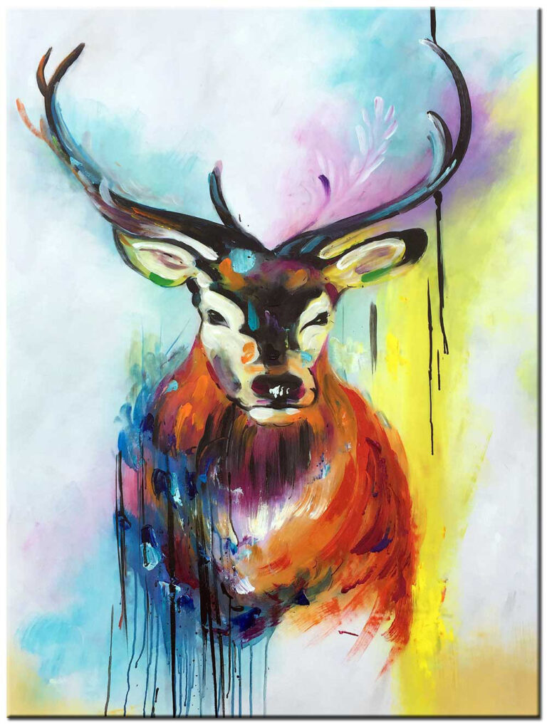 Modern schilderij Kleurrijk Hert handgeschilderd olieverf hertkop in kleurrijke tinten