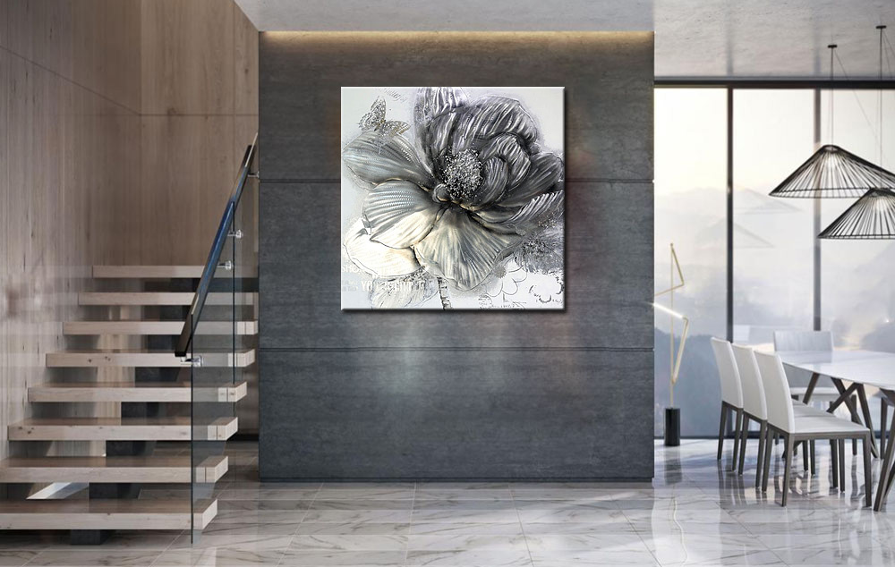 Schilderij Stralende Zilverroos 100x100cm - Afbeelding 2