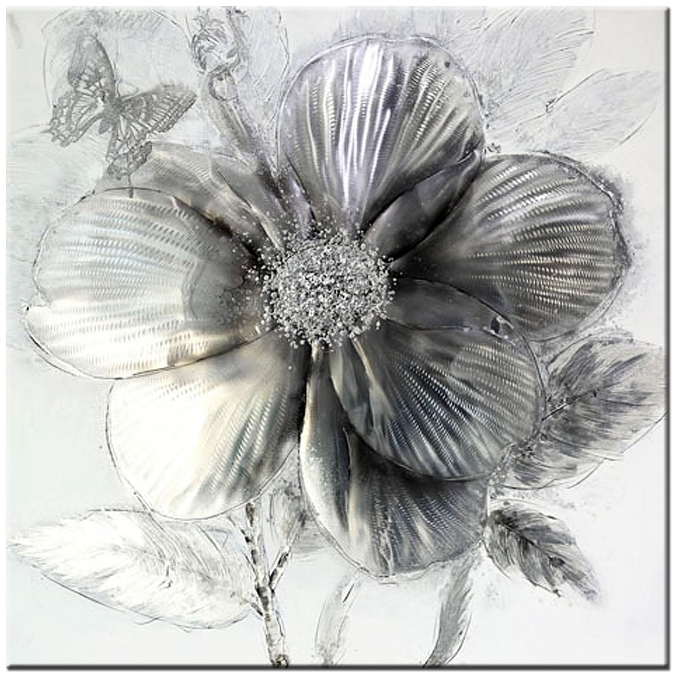 Schilderij Zilveren Bloem 100x100cm