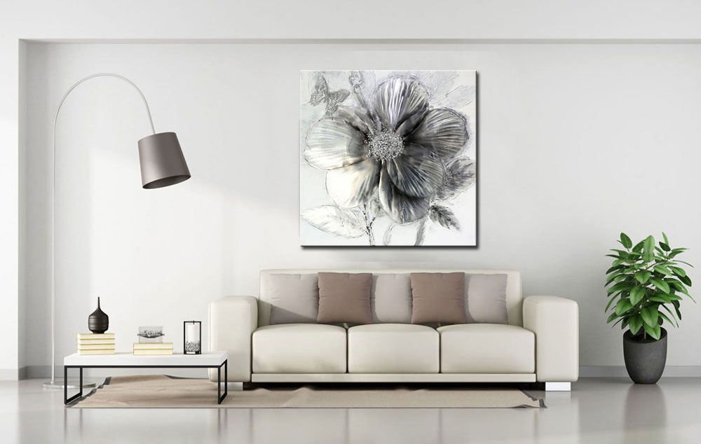 Schilderij Zilveren Bloem 100x100cm - Afbeelding 3