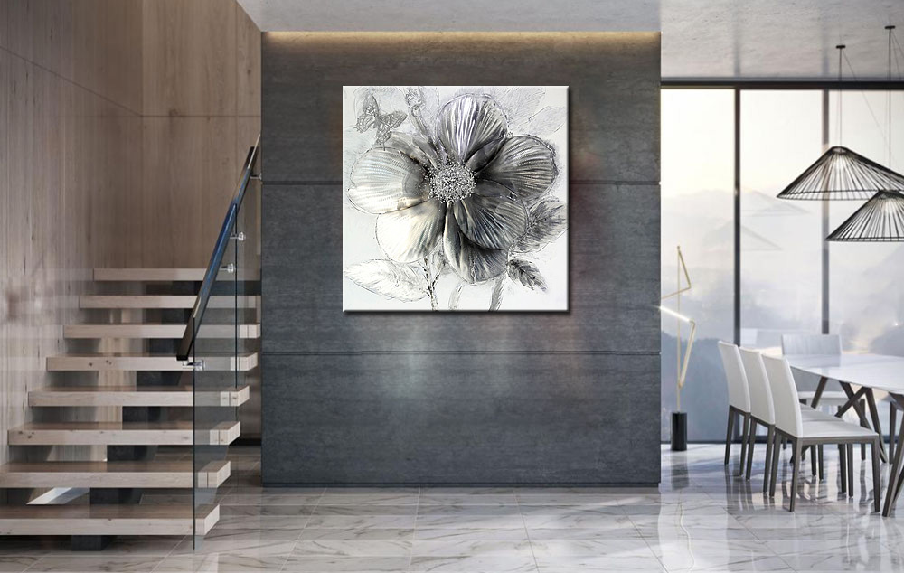 Schilderij Zilveren Bloem 100x100cm - Afbeelding 2