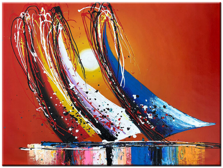 Schilderij Le Soleil in Kleur handgeschilderd modern olieverf schilderij met abstracte vormen in rood blauw geel en oranje