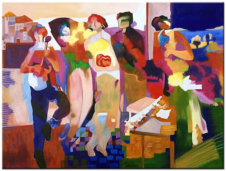 Modern schilderij Muzikale Avond handgeschilderd olieverf schilderij met muzikanten en instrumenten in warme kleuren