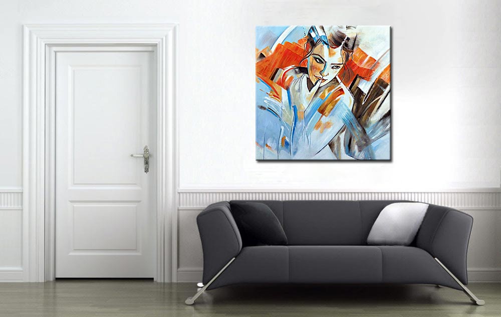 Dromerige dame modern schilderij oranje blauw - Afbeelding 2