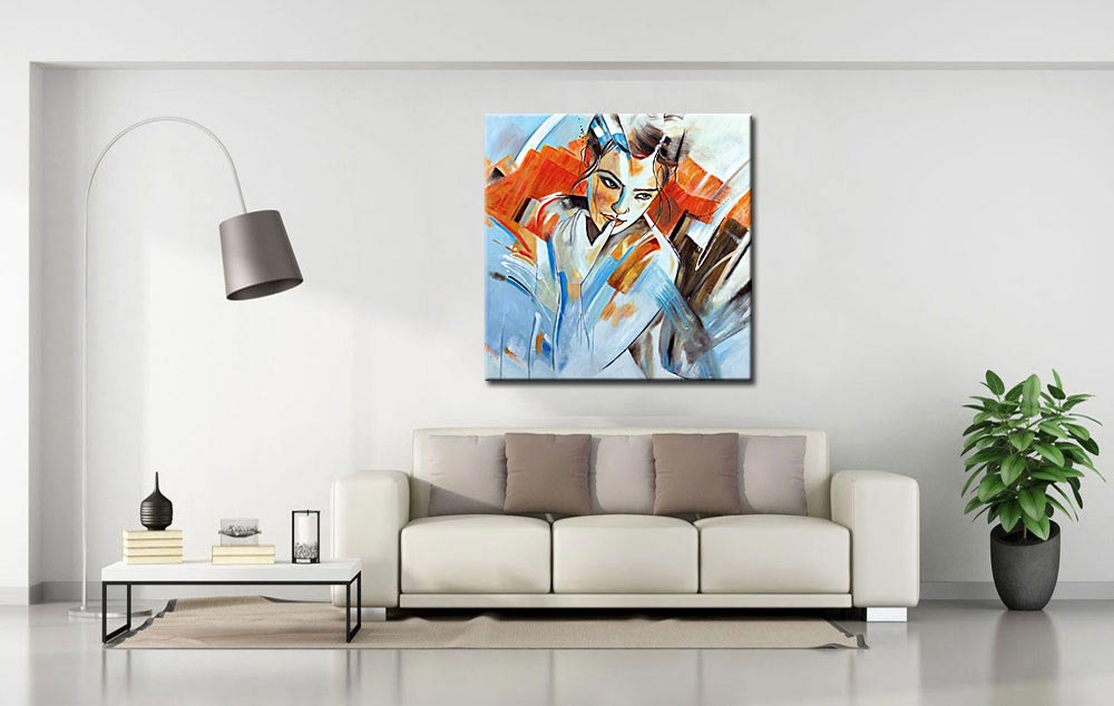 Dromerige dame modern schilderij oranje blauw - Afbeelding 4