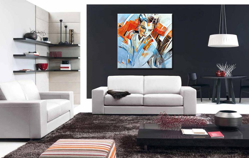 Dromerige dame modern schilderij oranje blauw - Afbeelding 3