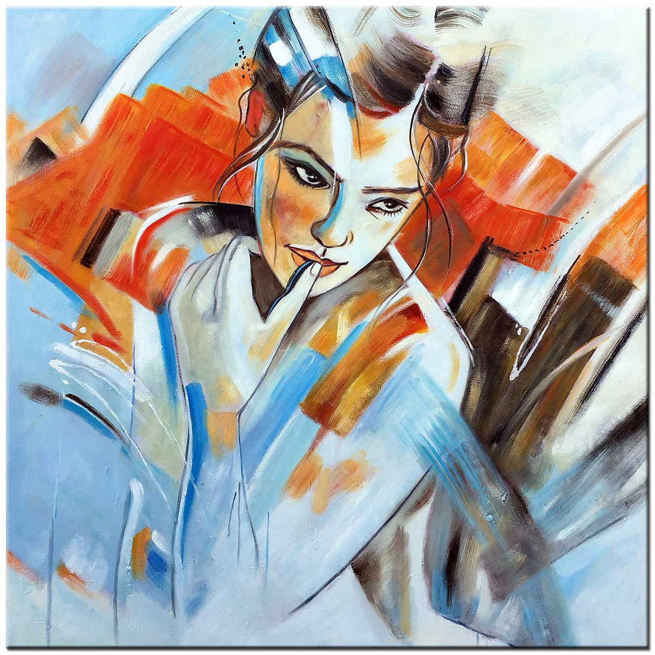 Dromerige dame modern schilderij oranje blauw