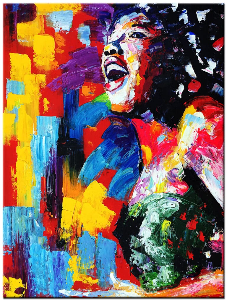 Modern schilderij Zingende Vrouw handgeschilderd olieverf schilderij met expressieve zang en krachtige kleuren