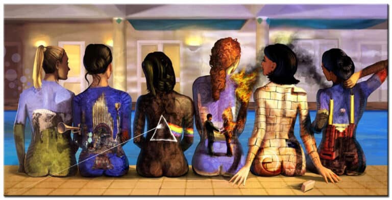 Pink Floyd Symboliek schilderij met zes vrouwen en verwijzingen naar bekende Pink Floyd albums