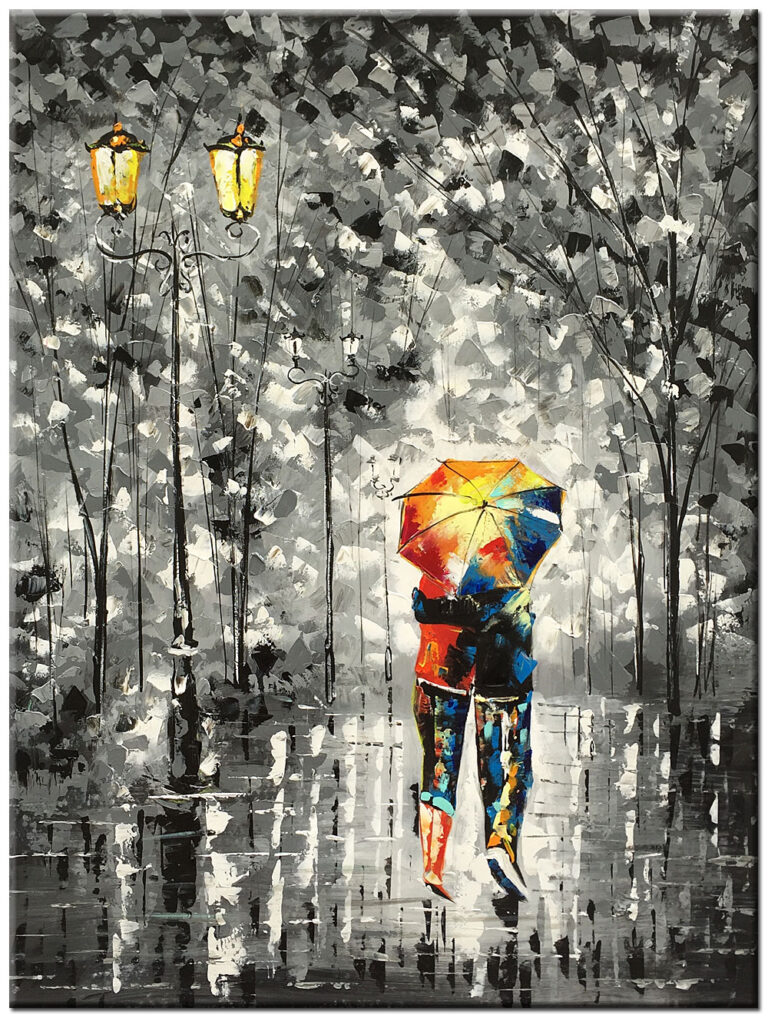 Modern schilderij Stel onder Paraplu in de Regen – handgeschilderd olieverf schilderij met liefdeskoppel en kleurrijke paraplu