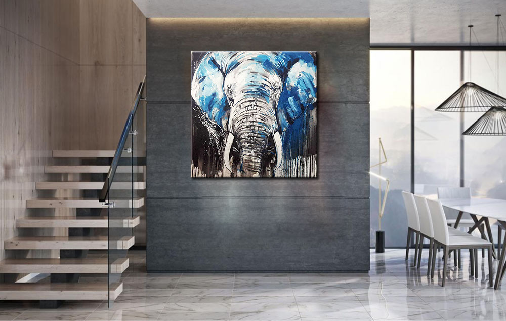 Blauw Grijze Olifant modern schilderij - Afbeelding 2