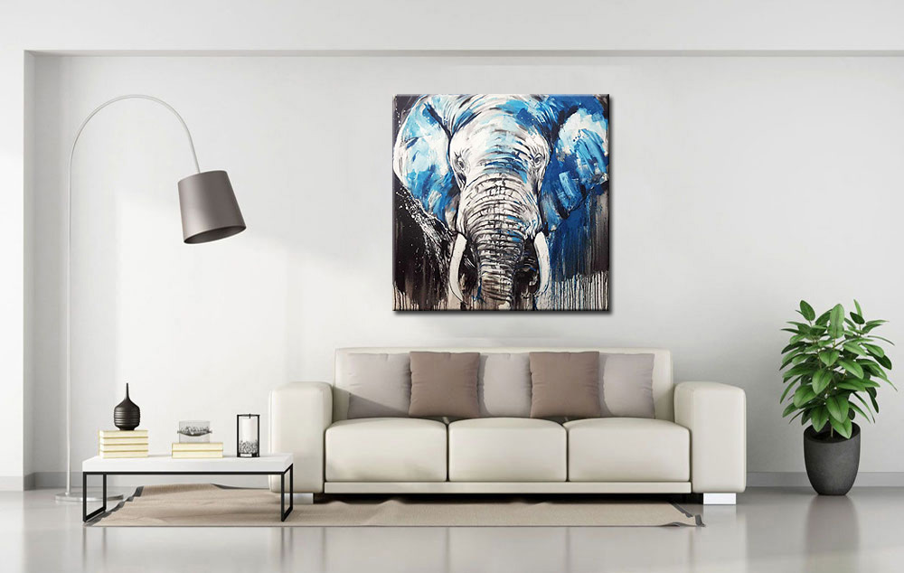 Blauw Grijze Olifant modern schilderij - Afbeelding 4