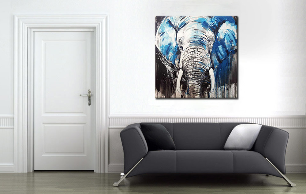 Blauw Grijze Olifant modern schilderij - Afbeelding 3