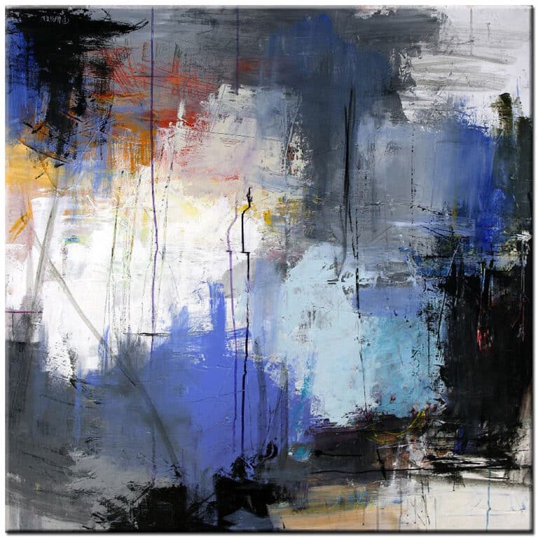 Schilderij Azure Rupture schilderij met abstracte vlakken in blauw, paars, zwart, wit en lichte accenten