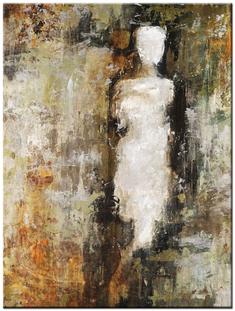 Abstract schilderij Staande Figuur handgeschilderd olieverf schilderij met abstracte menselijke figuur in aardetinten en gelaagde structuur
