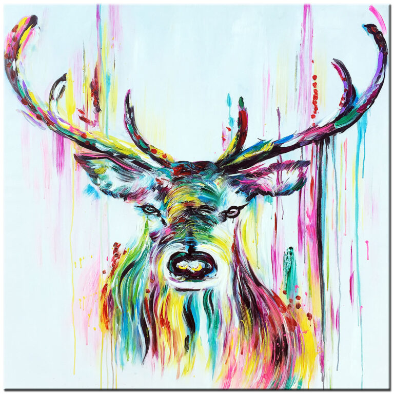 Modern schilderij Abstract Hert handgeschilderd olieverf hertkop in kleurrijke tinten