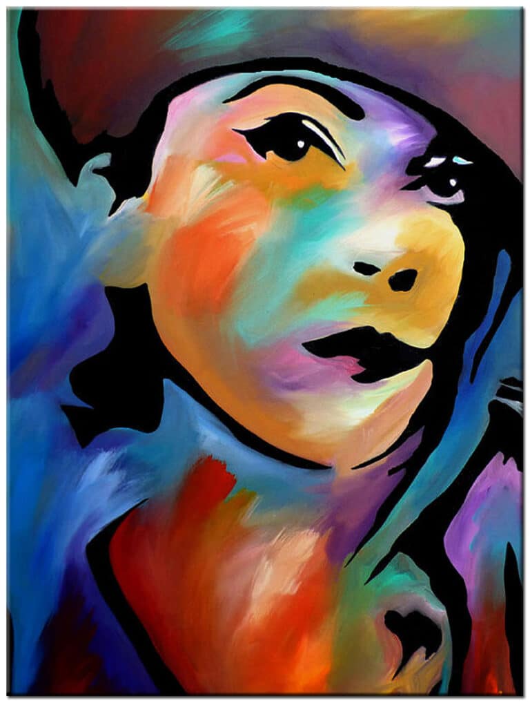 Vrouwen schilderij Moderne Schoonheid – figuratief olieverf portret in rood, blauw en oranje tinten