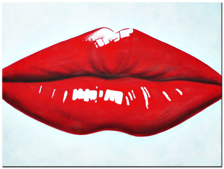 Schilderij Rode Lippen handgeschilderd modern olieverf schilderij met grote glanzende rode lippen op lichte achtergrond