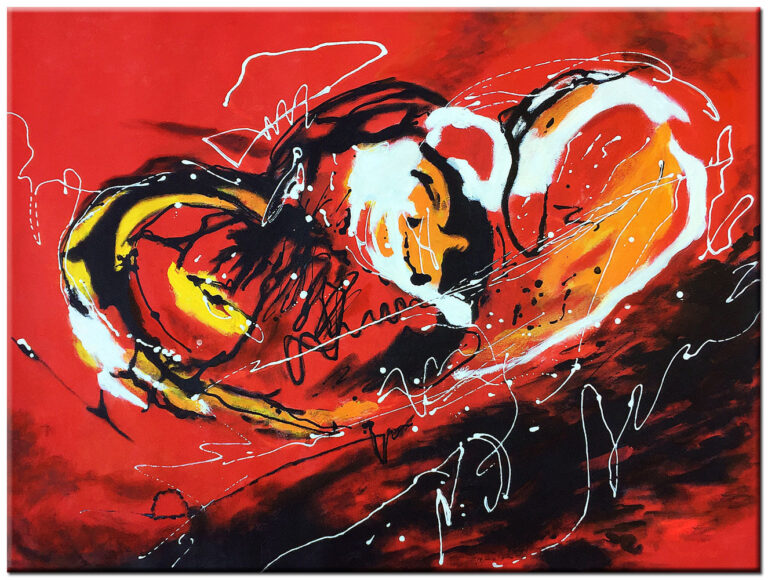 Abstract schilderij Passie en Liefde – handgeschilderd olieverf schilderij in rood, geel en zwart met dynamische lijnen