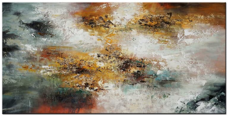 Schilderij Gouden Stroming – abstracte compositie in goud, oker, bruin, grijsgroen, crème en wit