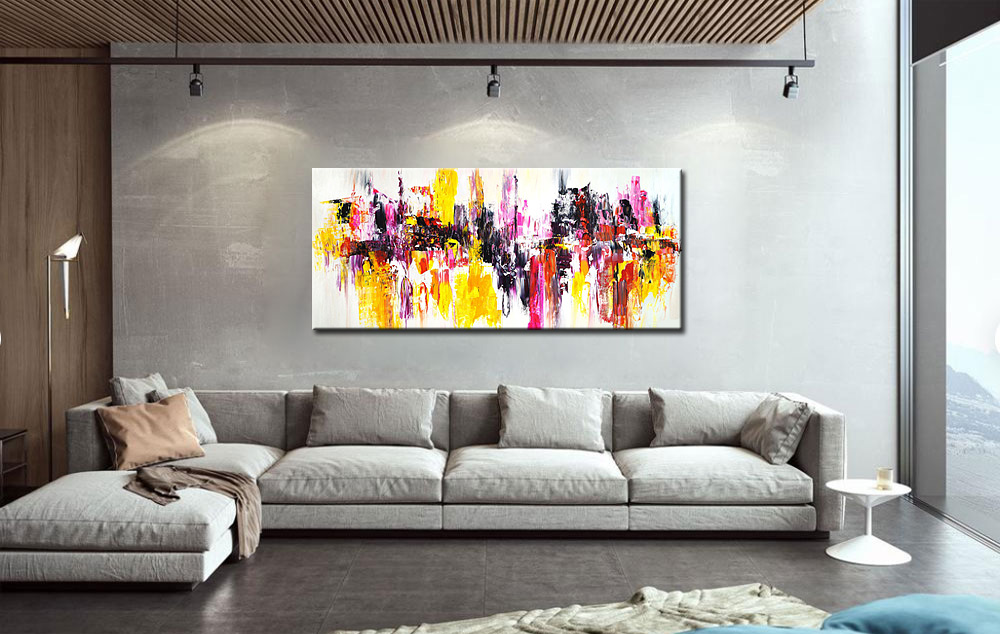 Abstract schilderij Geel en Roze Energie 160x70cm - Afbeelding 3