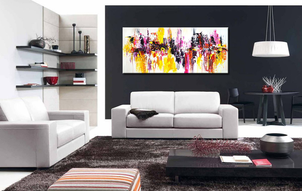 Abstract schilderij Geel en Roze Energie 160x70cm - Afbeelding 2
