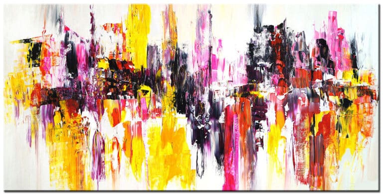 Schilderij Kleurpuls – abstracte compositie in geel, roze, rood, zwart en wit