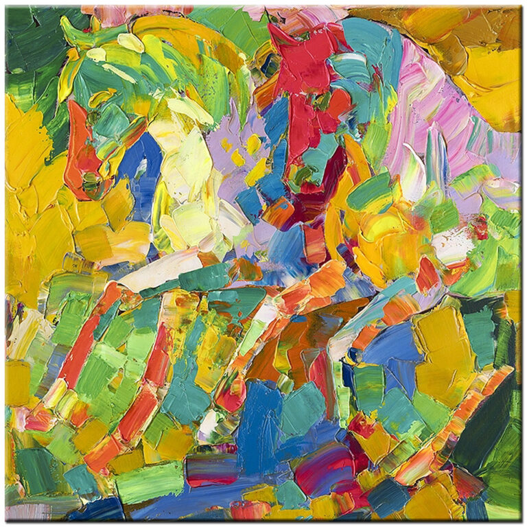 Abstract schilderij Paarden in Galop vierkant paletmes olieverf schilderij kleurrijk