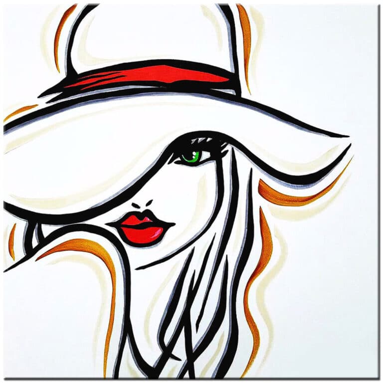 Vrouwen schilderij Rode Lippen figuratief olieverf schilderij met elegante dame, grote hoed, rode lippen en moderne lijnen