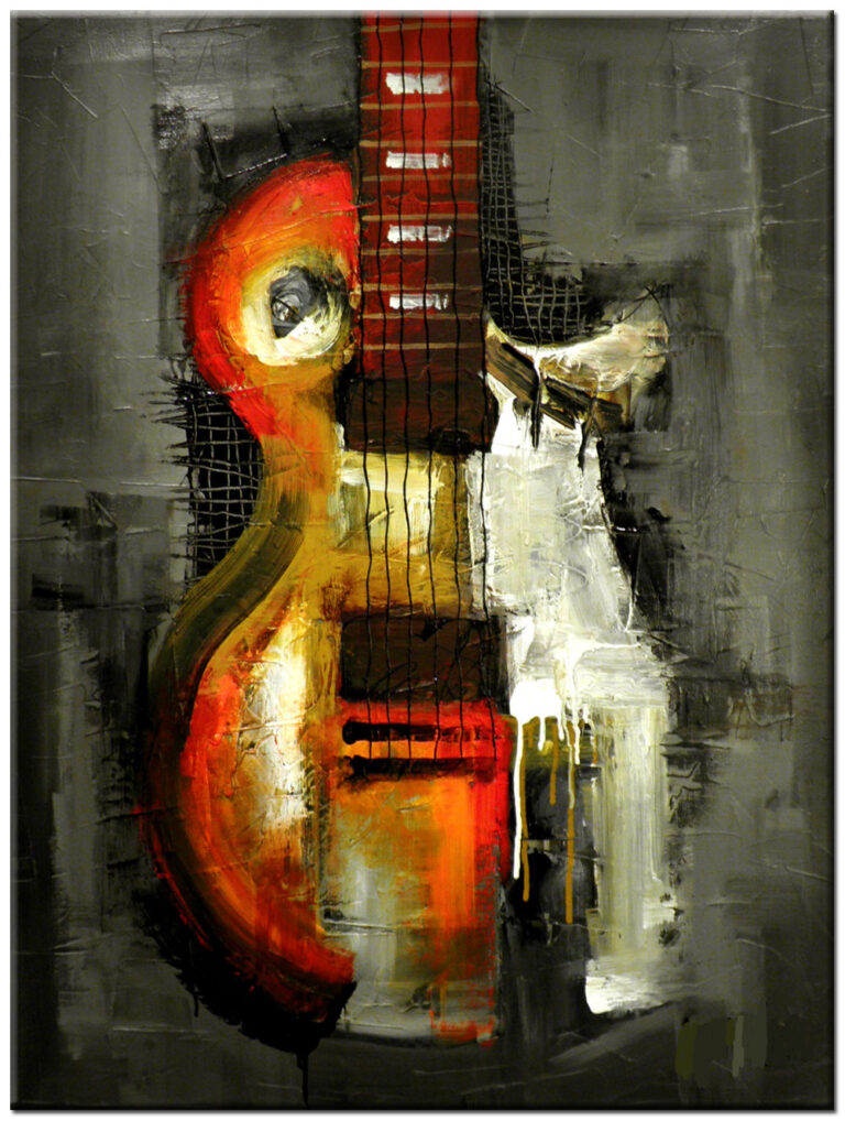 modern schilderij gitaar in roodtinten abstract handgeschilderd olieverf schilderij met textuur en donker contrast