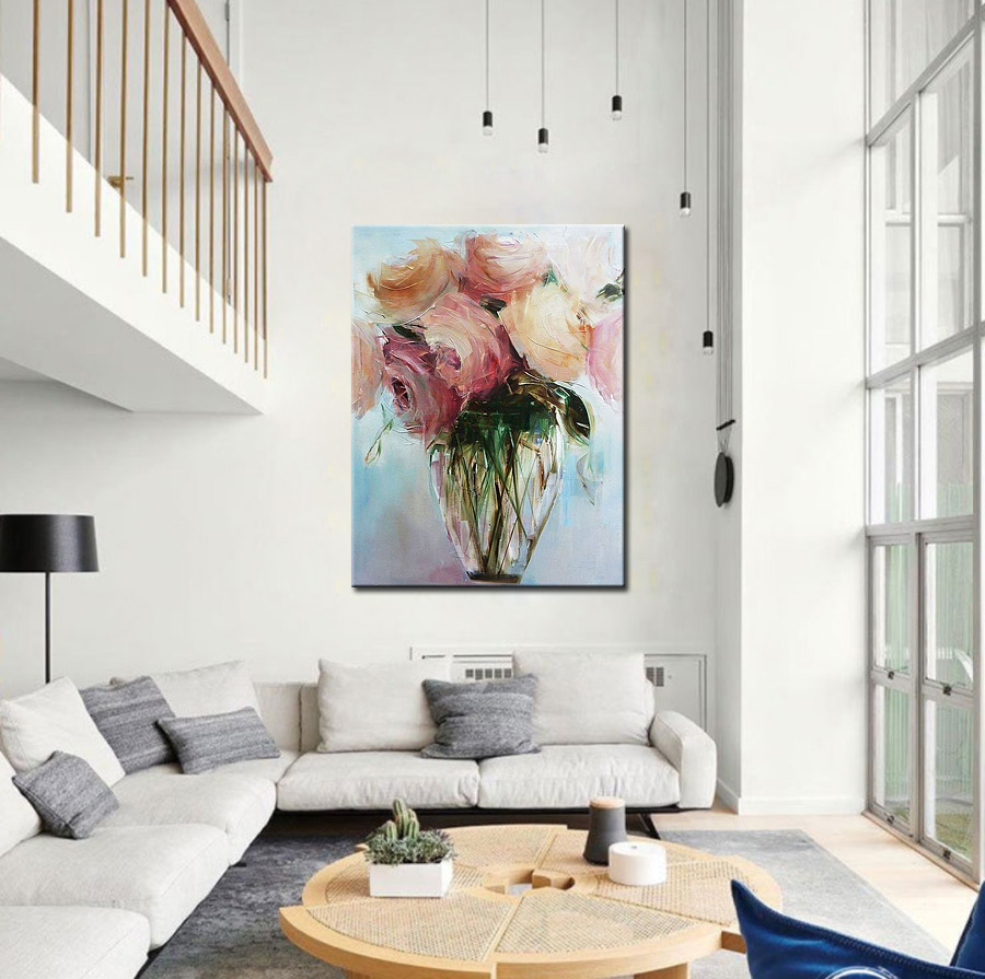 Roze Rozen Vaas modern schilderij 90x120cm - Afbeelding 2