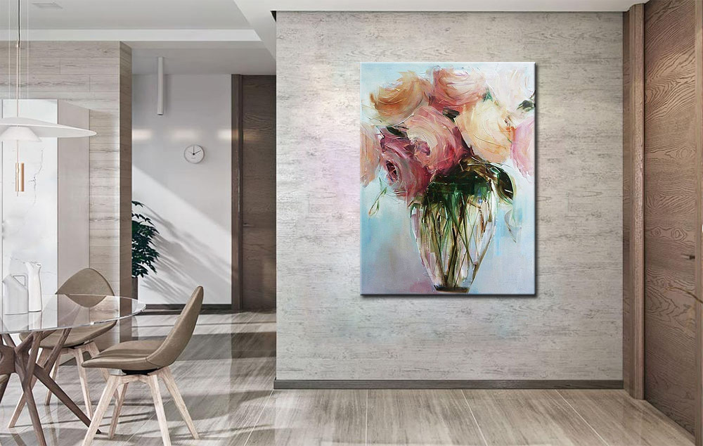 Roze Rozen Vaas modern schilderij 90x120cm - Afbeelding 3