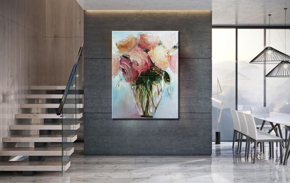 Roze Rozen Vaas modern schilderij 90x120cm - Afbeelding 4