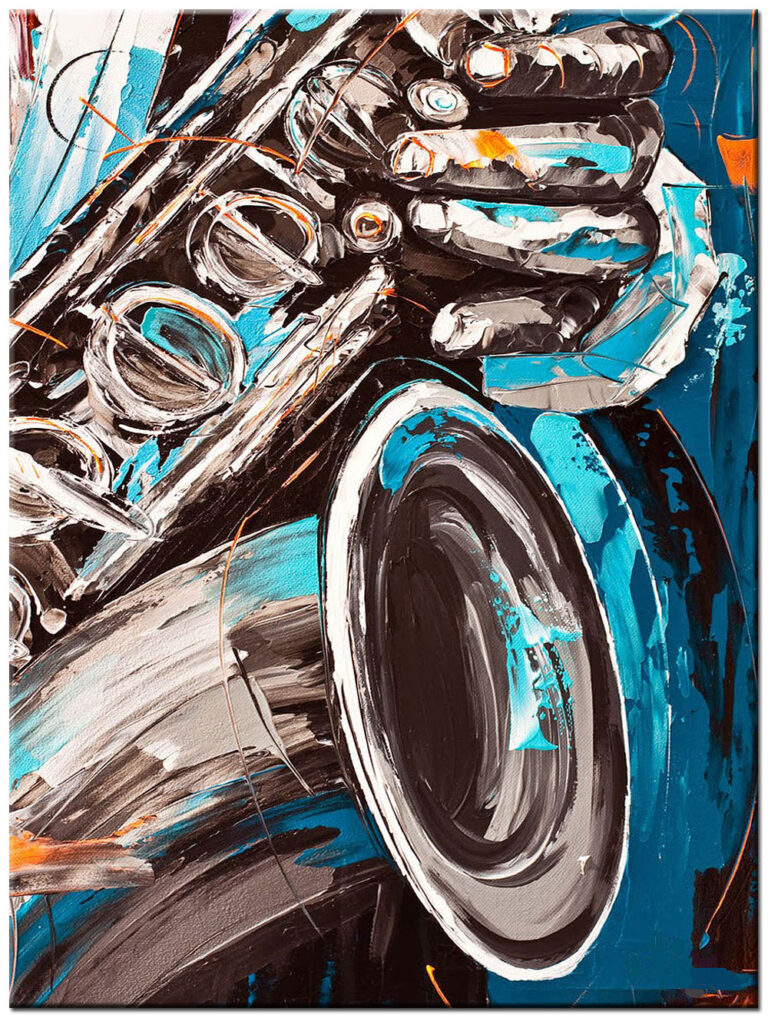 modern schilderij saxofoon in blauw abstract handgeschilderd olieverf schilderij met krachtige penseelstreken