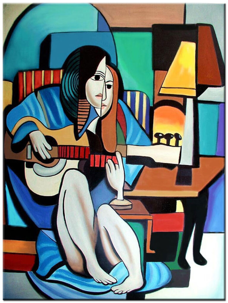 modern schilderij vrouw met gitaar figuratief handgeschilderd olieverf schilderij met rustige muzikale compositie