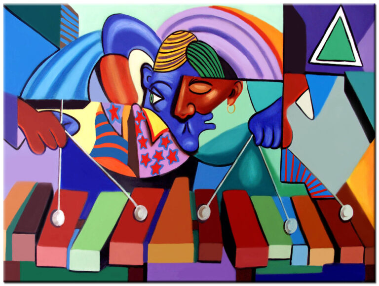 modern schilderij xylofoon in kleur figuratief handgeschilderd olieverf schilderij met slagwerk en kleurrijke compositie